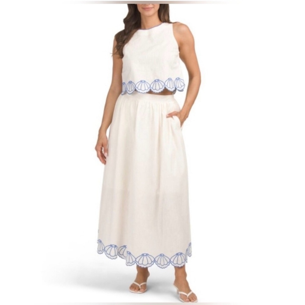 👉✨️Calypso St. Barth White  Skirt Set with Blue Embroidery seashell